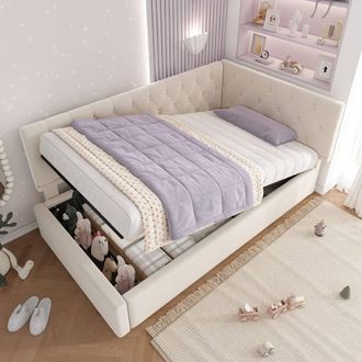 Merax L Shaped 3FT Single Sofa Upholstered Daybed with Hydraulic Storage in Beige