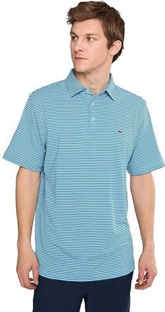 Vineyard Vines Bradley Stripe Sankaty Polo Mens Clothing Aqua Haze/Tide Blue : 2XL, Polyester/Elastane