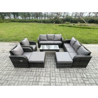 Fimous Fimous Rattan Wicker Garden Furniture Patio Conservatory Sofa Set with Rectangular Coffee Table Reclining Chair 2 Big Footstool 3 Seater Sofa