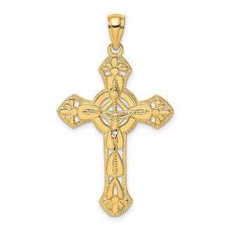 Diamond2Deal 14k Yellow Gold Textured Crucifix with Floral Tips Charm Pendant
