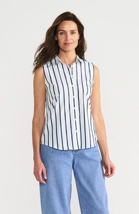 Lands End Sleeveless No Iron Shirt in White/navy Classic Stripe at Nordstrom, Size Medium