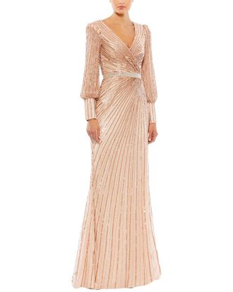 Mac Duggal Sequined Wrap Over Bishop Sleeve Gown