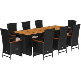 vidaXL Set De Comedor De Jard&iacute;n 9 Pzas Y Cojines Rat&aacute;n Sint&eacute;tico Negro Vidaxl