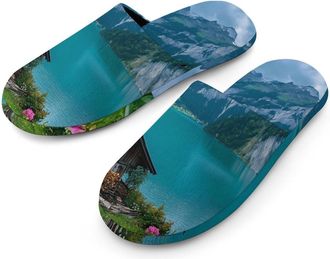 Generic Switzerland Beautiful Lake Flannel Mens Slip-on Slippers Winter Warm House Shoes with Rubber Sole for Home Hotel