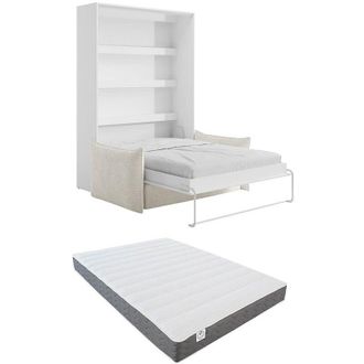 Vente-Unique Letto a scomparsa 160 x 200 cm Apertura verticale manuale Con LED Bianco + Divano + Materasso - RAPILI