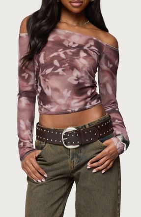 Edikted Sheer Mesh Off the Shoulder Top in Purple at Nordstrom, Size X-Small