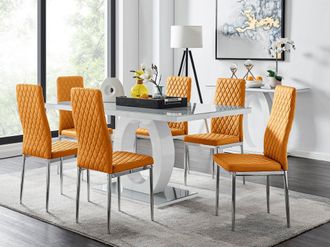Furniturebox Giovani 6-Seater Grey Glass Dining Table & 6 Milan Faux Leather Dining Chairs in Mustard