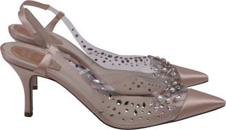 Rene Caovilla Crystal-Embellished Slingback Pumps in Bronze Satin