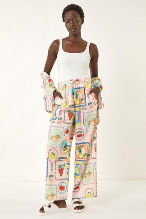 Roman Fruit Print Tie Waist Stretch Trouser