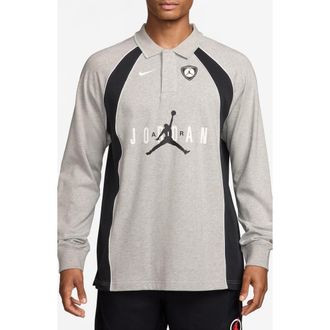 Nike Jordan Flight Long Sleeve Cotton Polo in Grey Heather/Black/Black at Nordstrom, Size Small