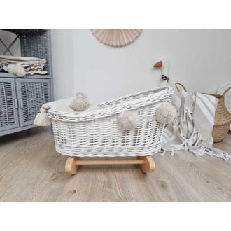 OEM Cuna Para Mu&ntilde;ecas De Mimbre Blanco Con Pompones Y Ropa De Cama - Madera