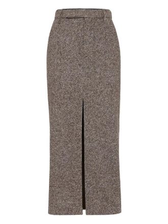 Brunello Cucinelli Wool And Silk Mélange Diagonal Sartorial Pencil Skirt With Monili