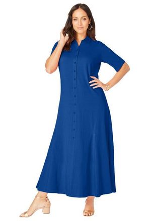 Jessica London Stretch Cotton Button Front Maxi Dress in Dark Sapphire at Nordstrom, Size 12
