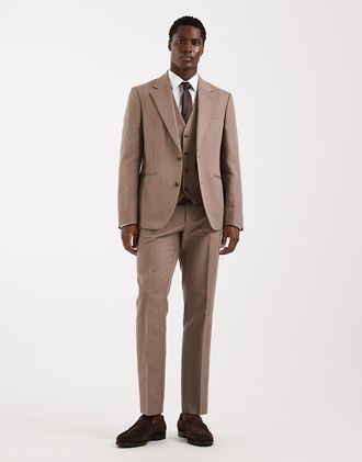 Asos Pantaloni da abito slim in twill di misto lino beige-Neutro