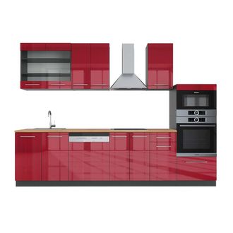 Vicco Mueble De Cocina Fame-line, Burdeos Brillo Intenso/antracita, 300 Cm Con Armario Alto, Et Roble
