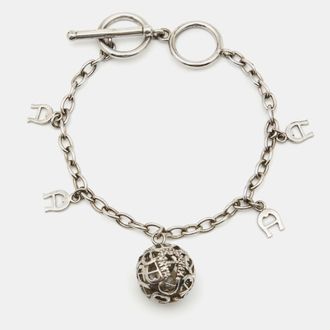Aigner Sterling Silver Crystal Logo Charm Bracelet