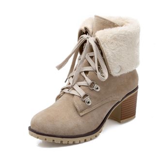 Generic Womens Block High Heel Platform Booties Faux Suede Winter Short Boots Lace Up Casual Ankle Boots,Beige,4.5 UK