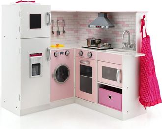 Costway Cocina De Juguete De Madera Para Ni&ntilde;os, Juguete De Cocina Con Delantal, Gorro De Cocinero, Accesorios Para Ollas, Fabricador De Hielo, Sonidos Y Luces