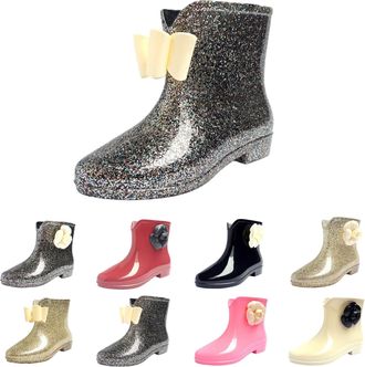 Generic Ankle Rain Boots for Women Waterproof Garden Boot with Cute Bow Comfort Lined Rubber Mud Chore Booties Slip on Chelsea Boots Outdoor Anti-Slip Rain Fo