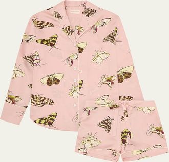 Olivia Von Halle Alba Moth-Print Silk Satin Short Pajama Set