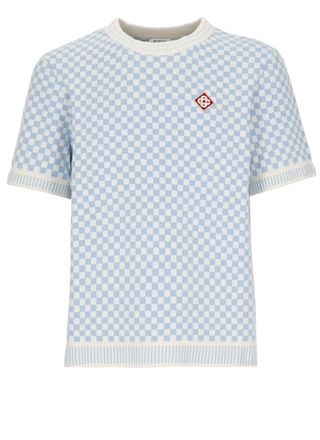 Casablanca White Light Blue Checkered Cotton T-Shirt