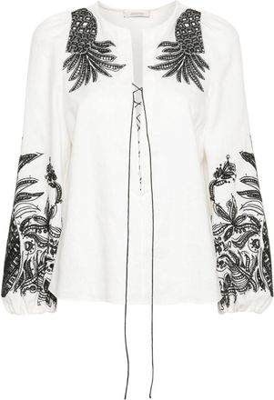 Dorothee Schumacher pineapple embroidery lace-up linen blouse - women - Cotton/Linen/Flax - 1 - White