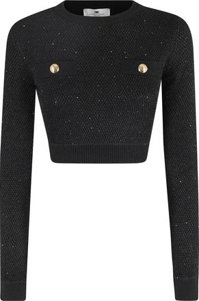 Elisabetta Franchi Paillet Ronde Hals Sweater Zwart - Dames - Ronde hals truien - Zwart - M - Pailletten - Truien & Vesten