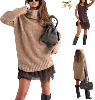 Generic Womens Turtleneck Sweater Mini Dress Set,2 Piece Loose Turtle Neck Tops Sweater Skirt,Elegant Lace-Trim Slip Dress Sets (Khaki, L)