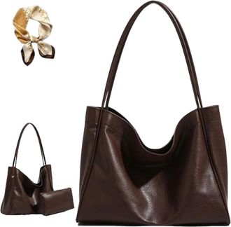 Generic Two In One PU Leather Large Capacity Shoulder Bag, Women Slouchy Vintage Commuter Handbag, Casual Trendy Soft Tote Bag