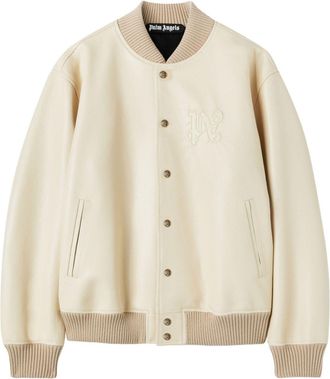 Palm Angels monogram-embossed leather bomber jacket - men - Cupro/Calf Leather/Cotton/Polyamide/Virgin Wool/Spandex/Elastane/Acrylic - 48 - Neutrals