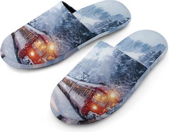 Generic Swiss Winter Snowy Train Mens Slippers Flannel Warm House Shoes with Rubber Anti-Slip Sole Slip On for Home Outdoor