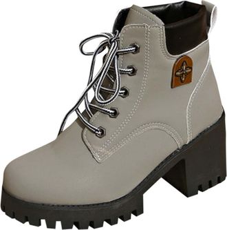 Generic Walking Boots Womens Winter Ankle Waterproof Fur Lined Leather Walking Lace Up Zipper Chunky Heeled Combat Boot Lightweight Outdoor Ladies Warm Shoes 