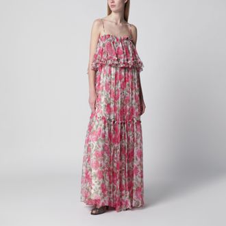 Chlo&eacute; Long silk muslin dress with rose print, white/pink
