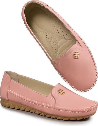 Generic Orthopedic Leather Shoes, Womens Soft Sole Penny Loafers Lightweight Anti-Slip for Ladies Flats Driving Work Shoe (Pink,7.5)