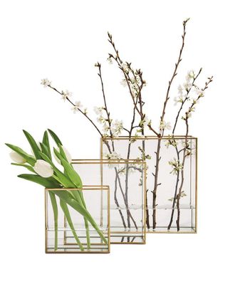 Two's Company Set of 3 Square Vases with Gold Metal Trim