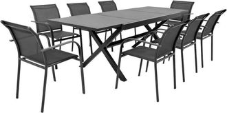 Sweeek Extendable aluminum garden table 160/240 cm + 8 armchairs anthracite - Ventura + Amara