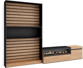 Skraut Home Mueble tv efecto madera roble negro 260x35x186cm chimenea efecto fuego