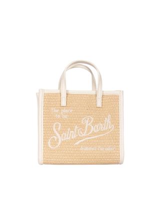 MC2 Saint Barth Mini Tote Bag in Beige Straw-Effect Material with Contrasting Handles