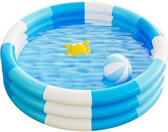 OEM Piscina Hinchable Redonda De Jard&iacute;n A Rayas Azules Y Blancas De 145x25 Cm Con 3 Anillos De Aire