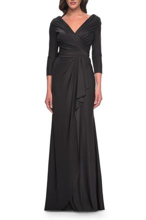 La Femme Ruched Long Dress with Ruffle Skirt Detail and Sleeves in Gunmetal at Nordstrom, Size 20