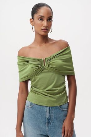 Exquise Artus Off Shoulder Metal Buckle Knit Blouse in Khaki at Nordstrom, Size X-Small