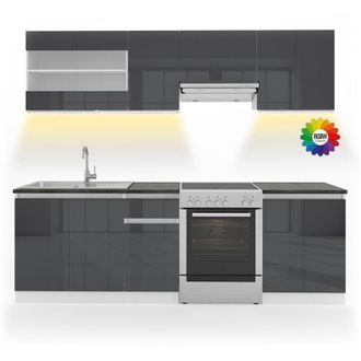 Vicco Mobile da cucina Raul, Antracite/bianco, 240 cm, ap Nero con striscia led