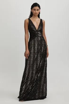 Halston Heritage Womens Black Sequinned Plunge Neck Maxi Dress, Size: 8