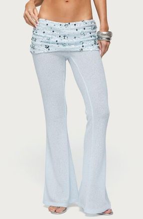 Edikted Zephyra Beaded Sequin Foldover Low Rise Flare Pants in Light-Blue at Nordstrom, Size X-Small