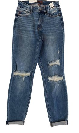 Judy Blue Womens Mid-Rise Boyfriend Fit Jeans With Destroy In Vintage Wash