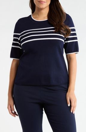 Liverpool Short Sleeve Crewneck Sweater in Navy/White Stripe at Nordstrom, Size 3X