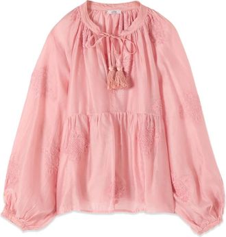 Oltre Lyocell Blend Blouse met Borduursel - Dames - Blouses - Roze - XL - Polyester - Overhemden