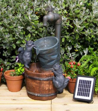 PRIMROSE Solar Squirrels Buckets & Tap Water Feature Waterfall 72cm in Brown