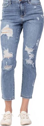 Judy Blue Distressed Boyfriend Fit Jeans In Medium Blue