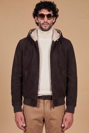 D'Arienzo Giubbotto bomber con cappuccio in camoscio testa di moro con fodera in puro cashmere DArienzo, Seleziona Taglia 52, Colore Testa di moro